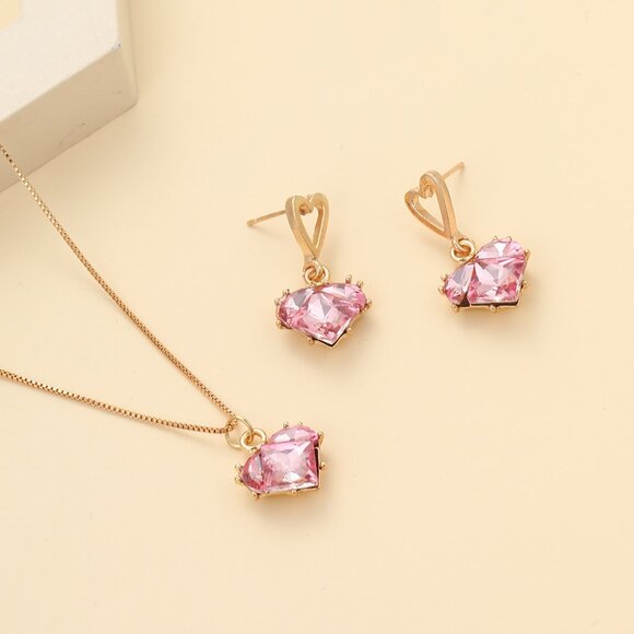 3/$35 Gold Pink Heart Necklace & Earring Set Dainty Crystal Elegant Jewelry - Picture 1 of 6